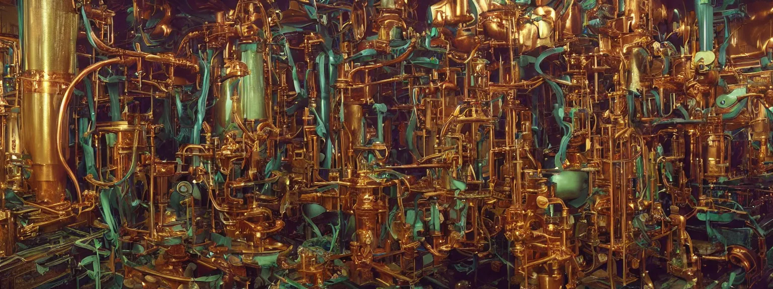 Image similar to a super high resolution film still of machine apparatus for making snake oil, huge copper machine with purple and green intricate pipework, art by andrey remnev, and bruce pennington, directed by denis villeneuve, cinematography by robby muller, kodachrome 8 k, snake machine, cinematic lighting