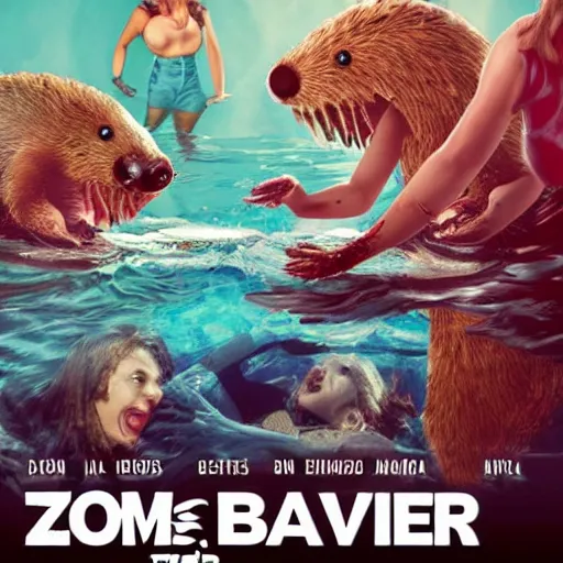 Image similar to three young women having fun on a boat, while a zombie beaver with glowing eyes is swimming beneath them. movie poster. photo. very detailed.