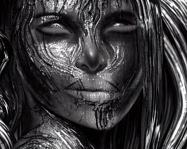 Image similar to epic full shot still of kim kardashian unconscious wearing a black lace dress in a transparent alien liquid, wet flowing hair, gooey skin, illustration, unreal engine 5, 8 k, made by h. r. giger.