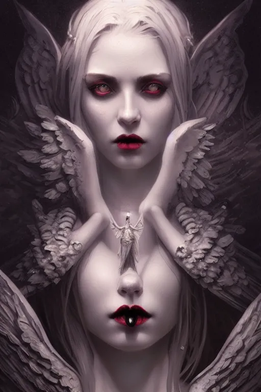 Image similar to beautiful very extreme closeup portrait, gothic girl, goth, vampire, birds, weeping angels, angel of grief, stone statues, beautiful woman body, unreal engine, greg rutkowski, loish, rhads, beeple, tom bagshaw, alphonse mucha, global illumination, detailed and intricate environment