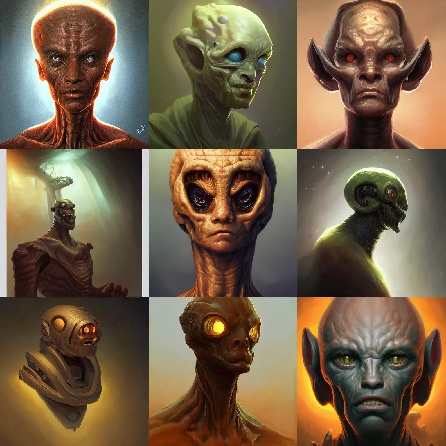 Prompt: three quarter view, extraterrestrial lifeform portrait, cultured, friendly, whole head, 3/4 view, dramatic lighting, painted by andreas rocha
