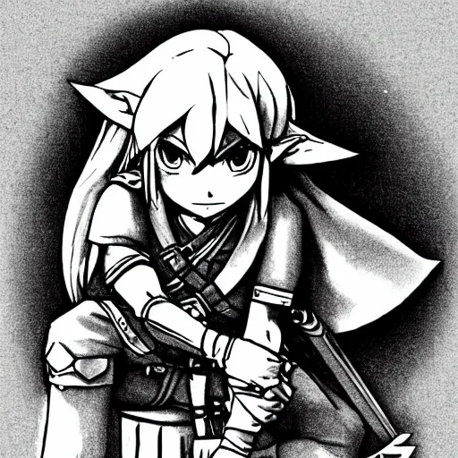 Prompt: Link sits depressive and looks down, legend of zelda, sad, depressive, dont happy, art
