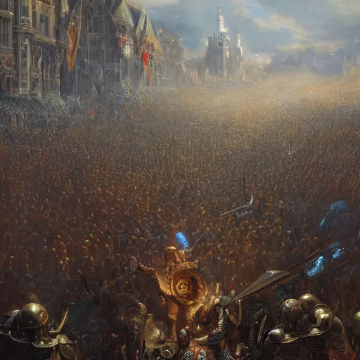 Image similar to artstation concept of a man in armor standing in a crowd gettig cheered, man with arms wide open, bright colorful, gold, hyperdetailed, artstation trending, world renowned artists, worth 1 0 0 0. com, historic artworks society, antique renewel, cgsociety, by greg rutkowski, by gustave dore, deviantart