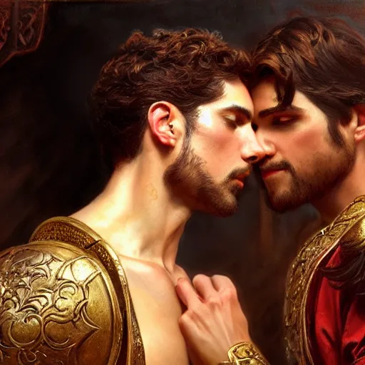 Image similar to attractive fully clothed king confesses his love for his attractive fully clothed male prince. highly detailed painting by gaston bussiere, craig mullins, j. c. leyendecker 8 k