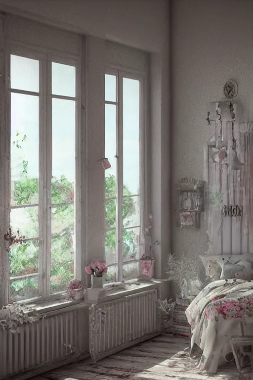 Image similar to hq sharp photo realistic shabby chic room with windows colorful atmospheric, artstation behance