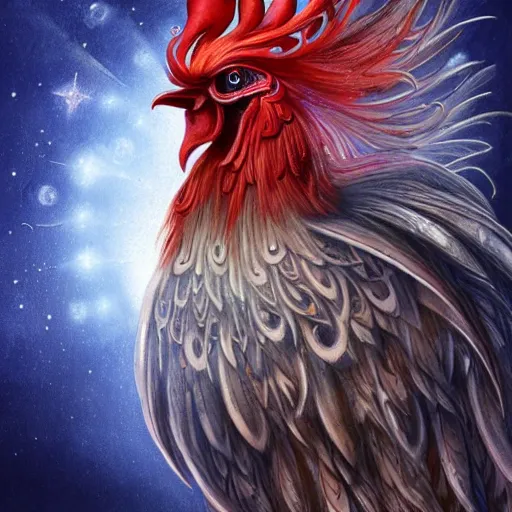 Prompt: a wlop 3 d render of very very very very highly detailed beautiful mystic portrait of a phantom undead rooster with whirling galaxy around, tattoos by anton pieck, intricate, extremely detailed, digital painting, artstation, concept art, smooth, sharp focus, illustration, intimidating lighting, incredible art,