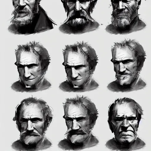 Image similar to faces reference sheet of various old - man by ashley wood and j. m. w. turner, speed painting, matte painting, monochrome