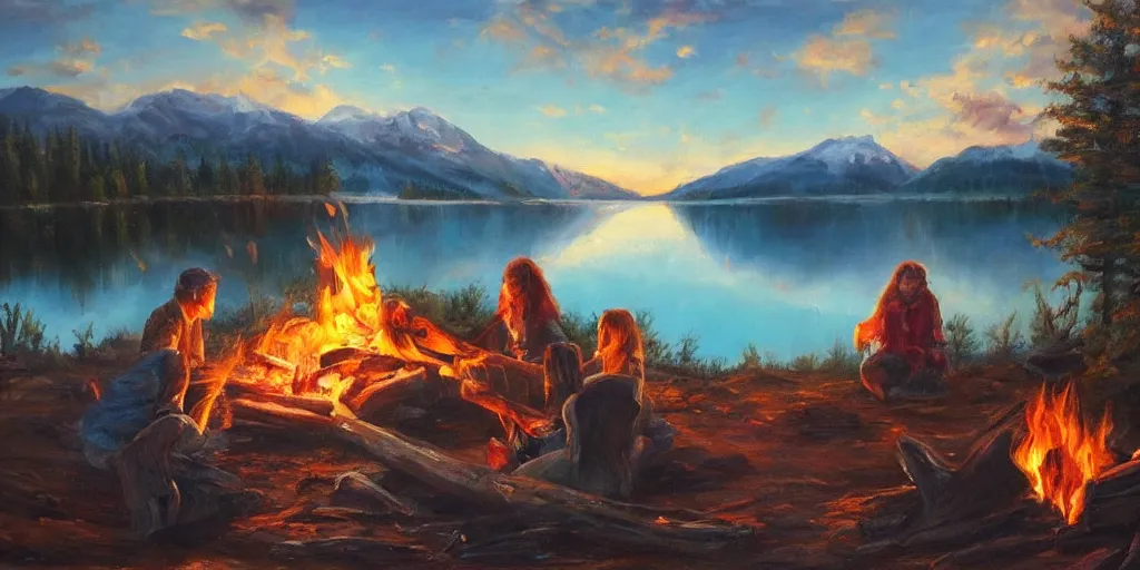 Prompt: a beautiful!!!!!!!! campfire with a beautiful!!! lake in the background, oil painting, trending on artstation, highly detailed
