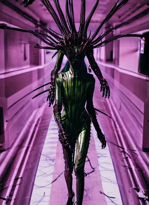 Image similar to walking down the catwalk, steven klein, show, stage, vogue photo, podium, fashion show photo, iris van herpen, beautiful woman, full body shot, helmet on face, masterpiece, plant predator, guyver, jellyfish, biomechanical details, movie still, fauvism, cinestill, bokeh, gelios lens