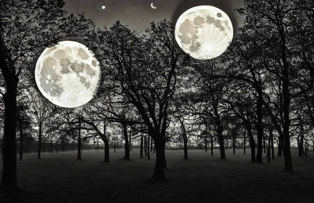 Prompt: suffolk landscape rebirth of classical culture chiaroscuro moon visible through the trees intact flawless ambrotype from 4 k criterion collection remastered cinematography gory horror film, ominous lighting, evil theme wow photo realistic postprocessing photograph by ansel adams royal garden design by andre le notre