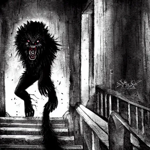 Image similar to fierce werewolf crawling up a staircase looking at camera, horror art, creepy, sinister, art station, 4k