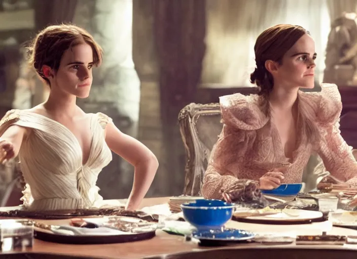 Prompt: movie still of a emma watson with a very big bust sitting at a table with katy perry, smooth white skin, directed by Guillermo Del Toro