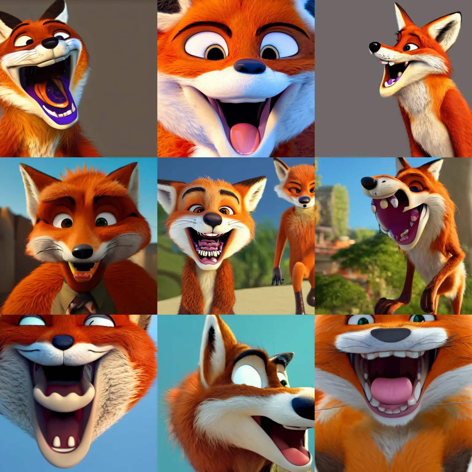 Prompt: an extremely happy furry fox with his mouth wide open, teeth showing, disney style, zootopia, cinema render, detailed fur