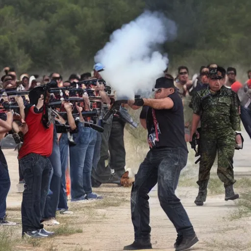 Image similar to Donald Trump firing a minigun at hundreds of zombified Mexicans attempting to cross the border