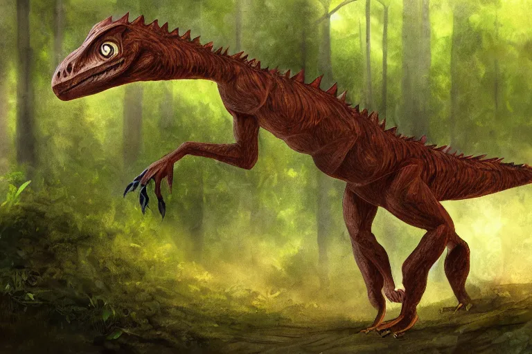Image similar to highly detailed photograph of a oil velociraptor!!!!! in the forest, featured on pixiv