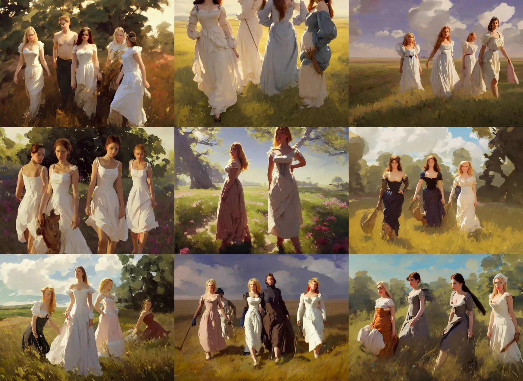 Prompt: three beautiful finnish norwegian swedish scandinavian attractive glamour models wearing 1 7 th century bodice with low neckline walking in the feild in a sunny day, jodhpurs greg manchess painting by sargent and leyendecker, studio ghibli fantasy dutch angle shot asymmetrical intricate elegant matte painting illustration hearthstone, by greg rutkowski by greg tocchini by james gilleard