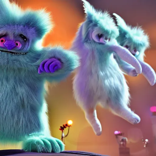 Image similar to cute colorful fuzzy alien monsters with long flowing detailed fur, detailed high quality 3 d render unreal engine in the style of maurice sendak, 4 k