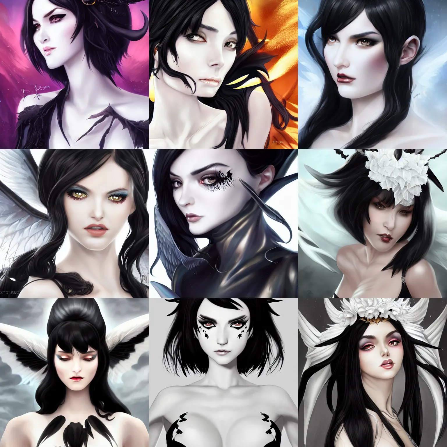 Prompt: A high fantasy demon girl with jet-black hair, the face of a goddess, wearing a pure white dress and a pair of black wings, by Artgerm, face close up, official media, beautiful, detailed, high quality, 4K, epic, trending on artstation and behance