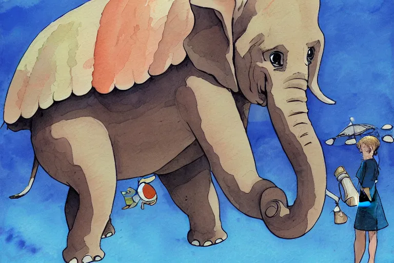 Image similar to giant elephant turtle, painting, watercolor, concept art, studio ghibli, by hayao miyazaki