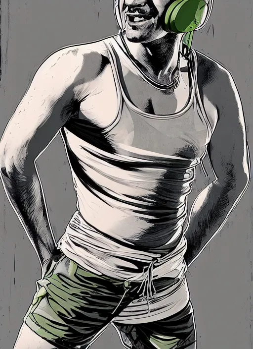 Prompt: portrait of a man with gray and green mohawk wearing a gray headset and brown tank top, gray and green mohawk, gray headset, brown tank top. art by martin ansin, martin ansin artwork. portrait.