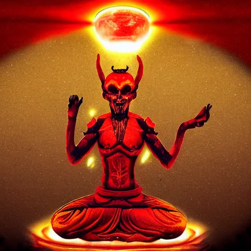 Image similar to inside an an alien spaceship there is a buddhist female demon glowing in red, amber, golden and blood falling from its mouth, ultrarrealistic