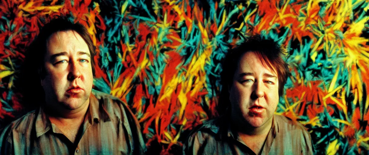 Prompt: award winning photo of bill hicks walking and smoking weed, vivid colors, happy, symmetrical face, beautiful eyes, studio lighting, wide shot art by Sally Mann & Arnold Newman