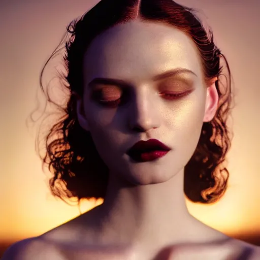 Image similar to photographic portrait of a stunningly beautiful renaissance female, dark lips and eye shadow, in soft dreamy light at sunset, god rays, contemporary fashion shoot, by edward robert hughes, annie leibovitz and steve mccurry, david lazar, jimmy nelsson, breathtaking, 8 k resolution, extremely detailed, establishing shot, artistic, hyperrealistic, perfect face, octane render