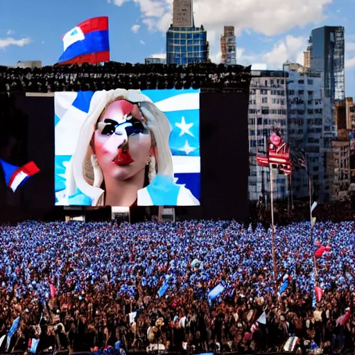 Image similar to Lady Gaga as president, Argentina presidential rally, Argentine flags behind, bokeh, giving a speech, detailed face, Argentina