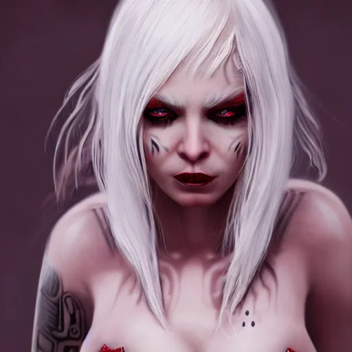 Image similar to a highly detailed portrait of a humanoid demon girl with white hair, red horns, in white clothes, artstation, deviantart, professional, unreal engine 5, photorealistic