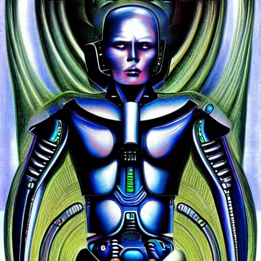 Image similar to futurist cyborg emperor, perfect future, award winning art by hr giger, iridescent color palette