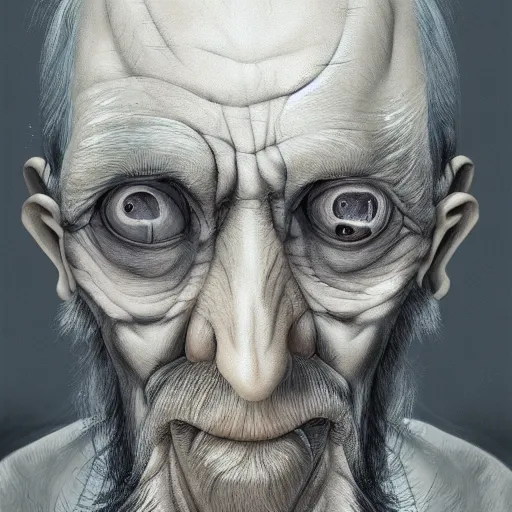 Image similar to eerie portrait of creepy pale old man with fish like facial features, painted, trending on art station, love craftian, dark lighting