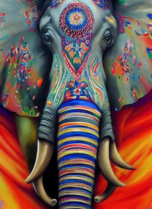 Image similar to ethereal elephant with indian flag colors painted on its face, intricate detail, ornate, conceptual art, soft light, dynamic, art by artgerm