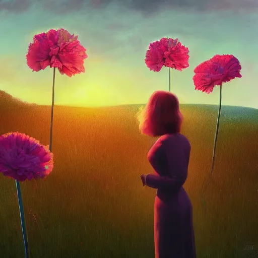 Image similar to giant carnation flower head, frontal, girl in a suit, surreal photography, sunrise, dramatic light, impressionist painting, digital painting, artstation, simon stalenhag