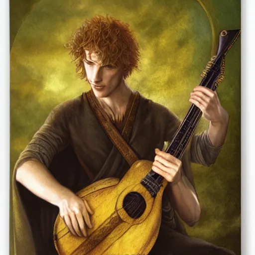 Prompt: kvothe playing his lute serenading the sunset, huntsman, medieval, green cape, by Aleksi Briclot