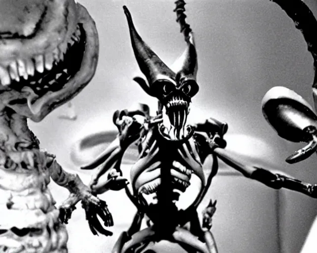 Prompt: Xenomorph Santa Claus in Rudolph the Red-Nosed Reindeer (1964), 1960's Rankin Bass stop motion, movie still