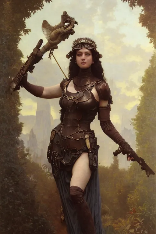 Prompt: Mystical Valkyrie, Portrait of a beautiful female Reptilian warrior, Regal, Realistic, Refined, Detailed Digital Art, Oil Painting, William-Adolphe Bouguereau, Art Frahm, Esao Andrews, Steampunk, Walt Disney (1937), Highly Detailed, Cinematic Lighting, Unreal Engine, 8k, HD