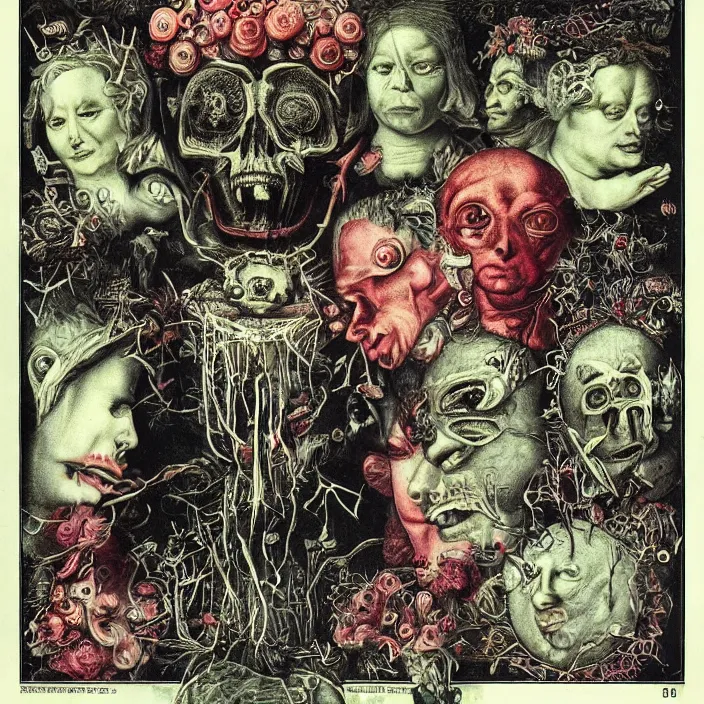 Image similar to post - punk new age album cover, asymmetrical design, dollar bank notes, capitalism, magic, apocalypse, psychedelic, black white pink, highly detailed, magic, giger h. r., giuseppe arcimboldo