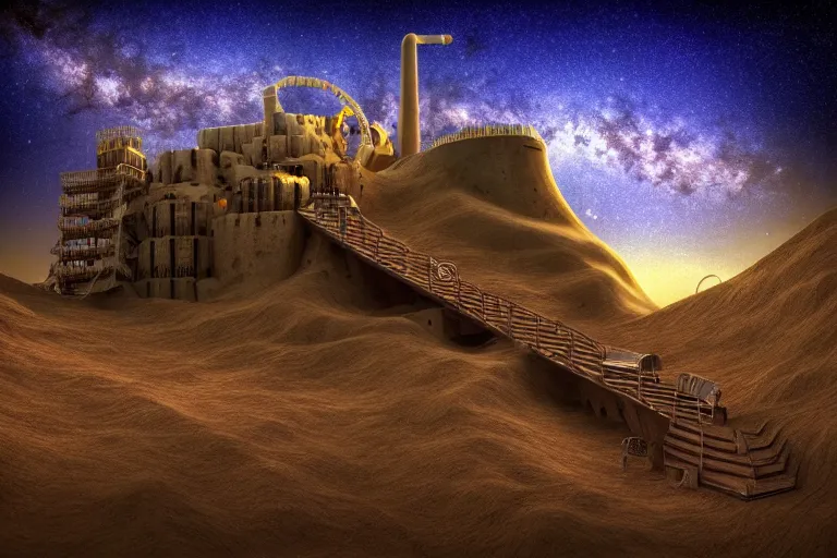 Image similar to favela coaster cathedral bunker, desert environment, industrial factory, cliffs, bright, milky way, award winning art, epic dreamlike fantasy landscape, ultra realistic,