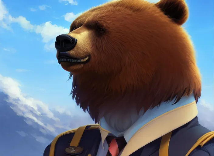 Image similar to character portrait feature of the anthro male anthropomorphic kamchatka brown bear fursona wearing airline pilot outfit uniform professional pilot character design stylized by charlie bowater, ross tran, artgerm, and makoto shinkai, detailed, soft lighting, rendered in octane