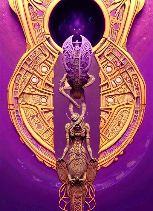 Image similar to ornate alien sacred sarcophagus, art nouveau hieroglyphics, lavender and gold palette, symmetry, fantasy, intricate, elegant, highly detailed, colorful, dark colors, dramatic shadow, digital painting, artstation, concept art, art by artgerm and greg rutkowski and ruan jia and fromsoftware