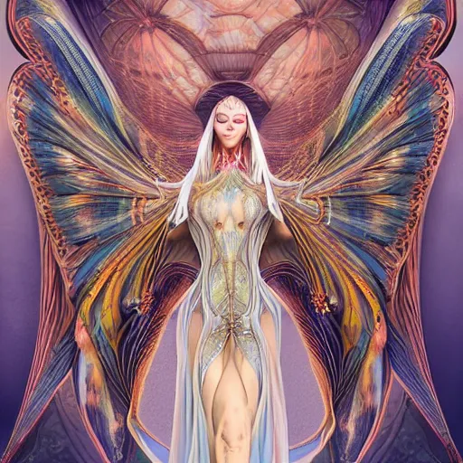 Prompt: a beautiful symmetrical woman full body wearing a kaftan dress with translucent wings by alex gray and android jones , Karol Bak, Ayami Kojima, Amano , concept art, character design, fantasy,3D, 8k resolution