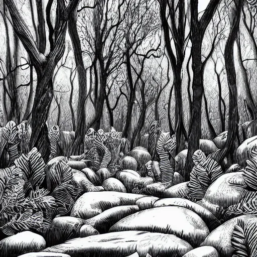 Prompt: beautiful forest illustration, 4k detailed, black ink on white paper, dark fantasy, white space in middle