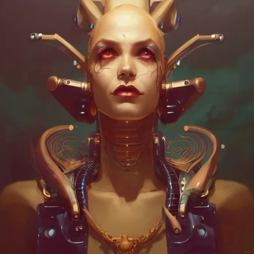 Image similar to a portrait of a nubile cybernetic duchess of hell, cyberpunk concept art by pete mohrbacher and wlop and artgerm and josan gonzales and jean claude meziere and syd mead and moebius, trending on artstation, highly detailed, intricate, sharp focus, digital art, 8 k