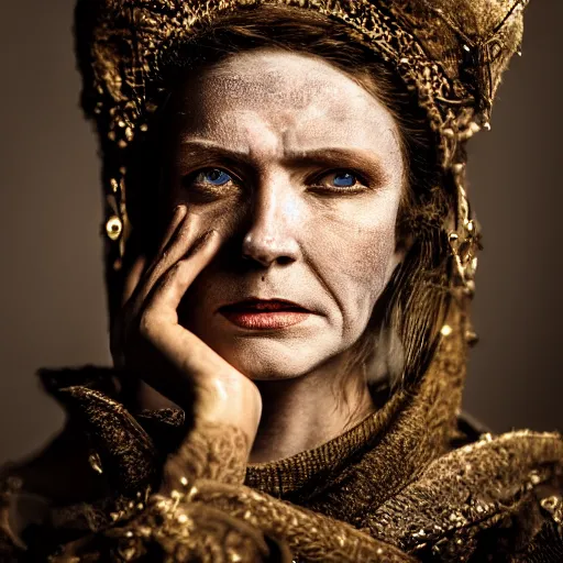 Image similar to stunning beautiful portrait photography of a face detailing medieval Countess from national geographic magazine award winning, dramatic lighting, taken with Sony alpha 9, sigma art lens, medium-shot