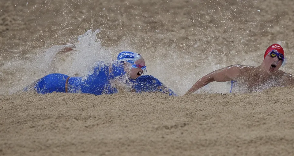 Image similar to olympic swimming in sand instead of water, extremely coherent, motion blur