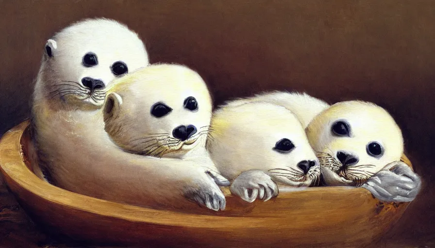 Image similar to highly detailed painting of cute furry white baby seals cuddling up in a fruit bowl with ice by william turner, thick brush strokes and visible paint layers, 4 k resolution