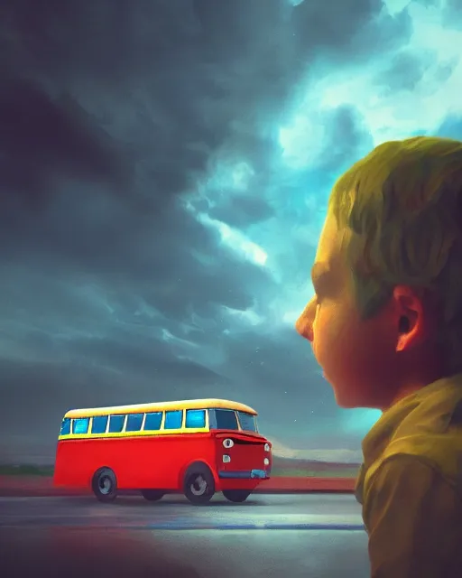 Image similar to boy in a bus looking into the sky, psychedelic trip, cinematic shot, epic composition, fine details, octane render, 8 k, depth of field, concept art, oil painting, digital art, deviantart artstation, extremely detailed, very sharp,