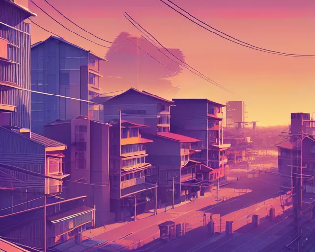 Image similar to tokyo suburb inspired by phillipe stark, art by mike winkelmann, golden hour, illustration, highly detailed, simple, smooth and clean vector curves, no jagged lines, vector art, smooth, artstation