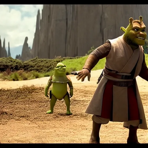 Image similar to frame from star wars movie of shrek as obi wan kenobi, hd, bluray