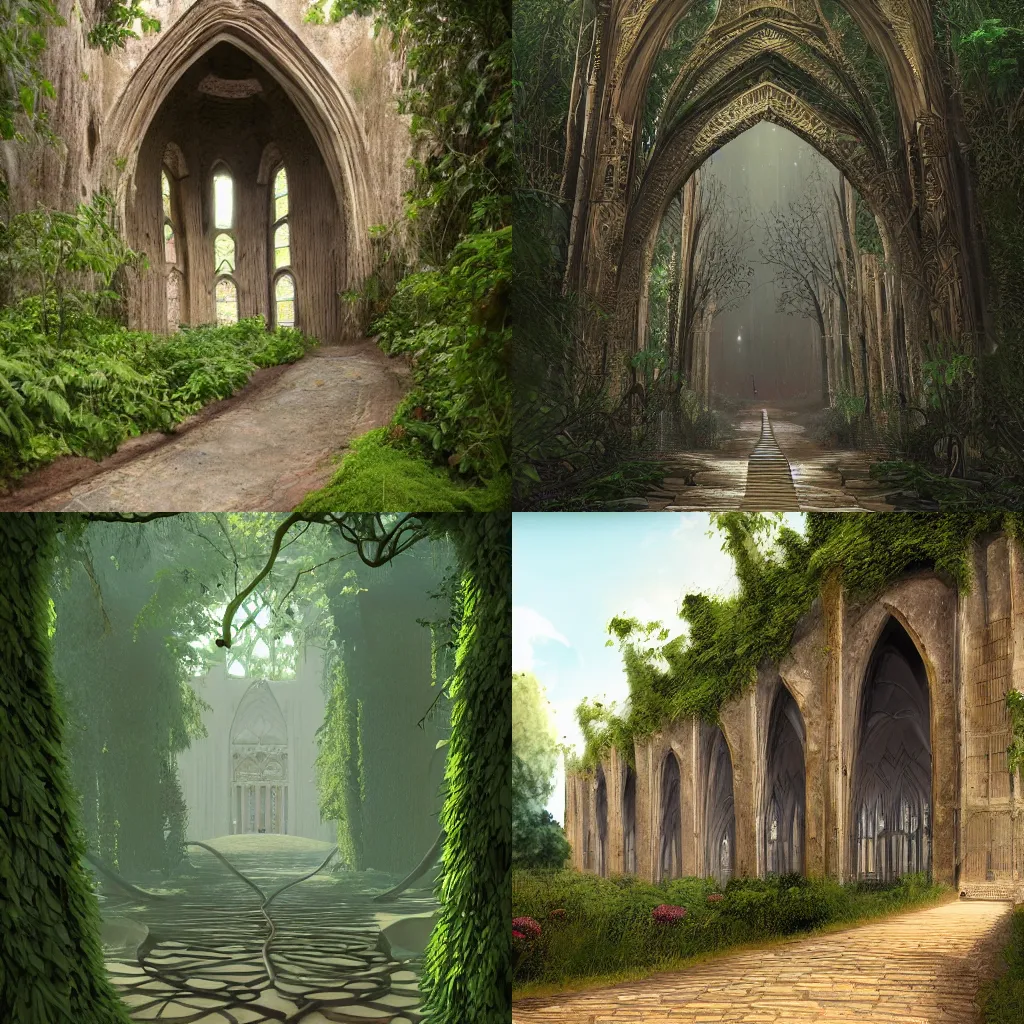 Prompt: winding paths surrounded by overgrown cathedrals, swahili architecture, trending on artstation